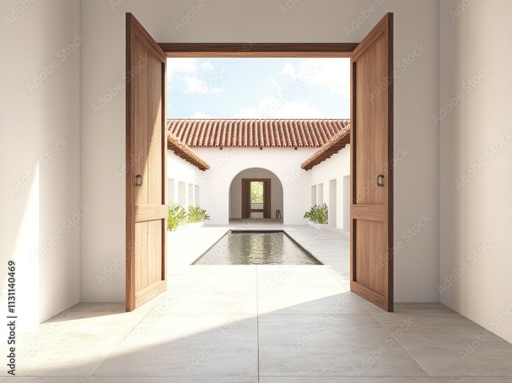 Poster a serene entrance view into a modern courtyard with a reflecting pool and natural light.