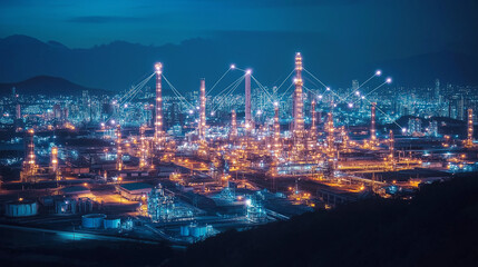 Obraz premium Industrial revolution digital transformation in business modernization urban landscape night view technology insights