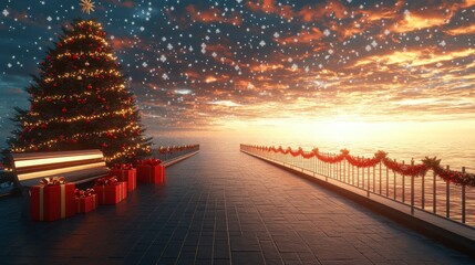 A peaceful twilight setting with a Christmas tree dressed in red and gold garlands, a bench, and red gift boxes surrounded by snowflakes gently falling from the sky.