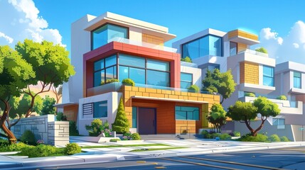 Obraz premium Luxurious modern residential building with minimalist architectural design large windows rooftop garden surrounded by lush greenery and clear blue sky with fluffy white clouds
