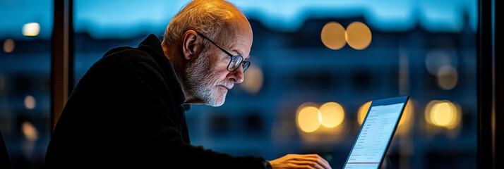 A focused older man works intently on laptop in dimly lit room, with city lights softly glowing in background. atmosphere conveys concentration and dedication
