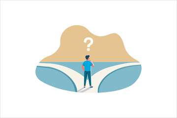Path choice concept. Man stands at fork with three roads. Young guy determines path of life and makes decision. Metaphor for thought process. Graphic element for site. Cartoon flat vector illustration