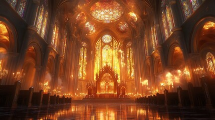 Naklejka premium Majestic cathedral interior with golden stained glass and candlelight.