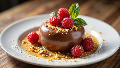 Decadent chocolate dessert garnished with fresh raspberries and mint on a rustic wooden table