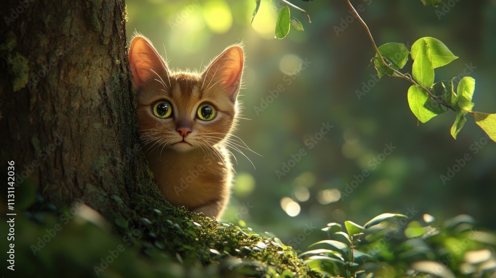 Poster A curious kitten peeks from behind a tree in a sunlit forest setting.