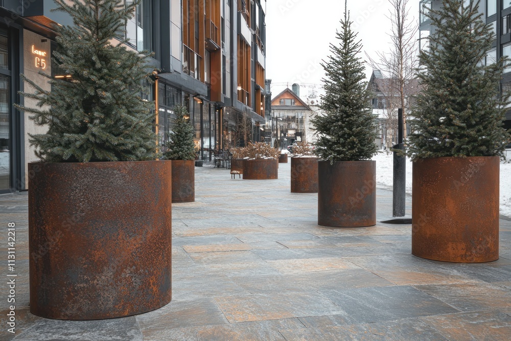 Aufkleber Urban scene featuring large rust-colored planters with evergreen trees in a snowy environment.