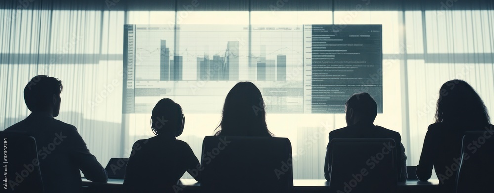 Poster silhouetted figures in a meeting room observing data on a large screen.