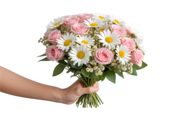 Hand holding a beautiful bouquet of pink roses and daisies.