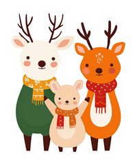 Fototapeta premium Cute family of cartoon deer with scarves, celebrating winter joy