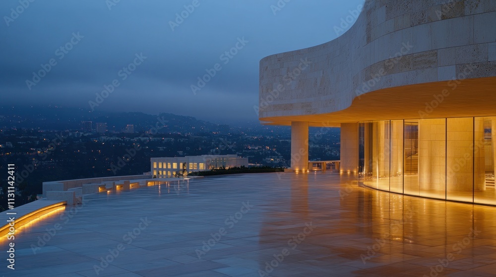 Poster evening view of a modern architectural structure with a spacious terrace and city skyline.