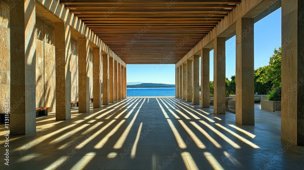 Aufkleber A serene architectural space with columns and a view of water, emphasizing light and shadow.