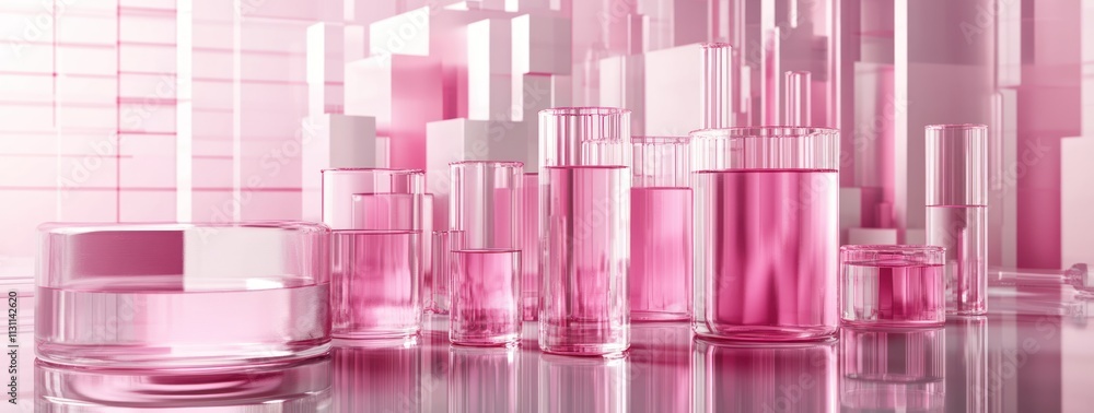 Poster abstract arrangement of pink glass containers reflecting light in a modern setting.