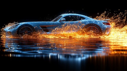 A sleek car splashes through water, illuminated by fiery effects.