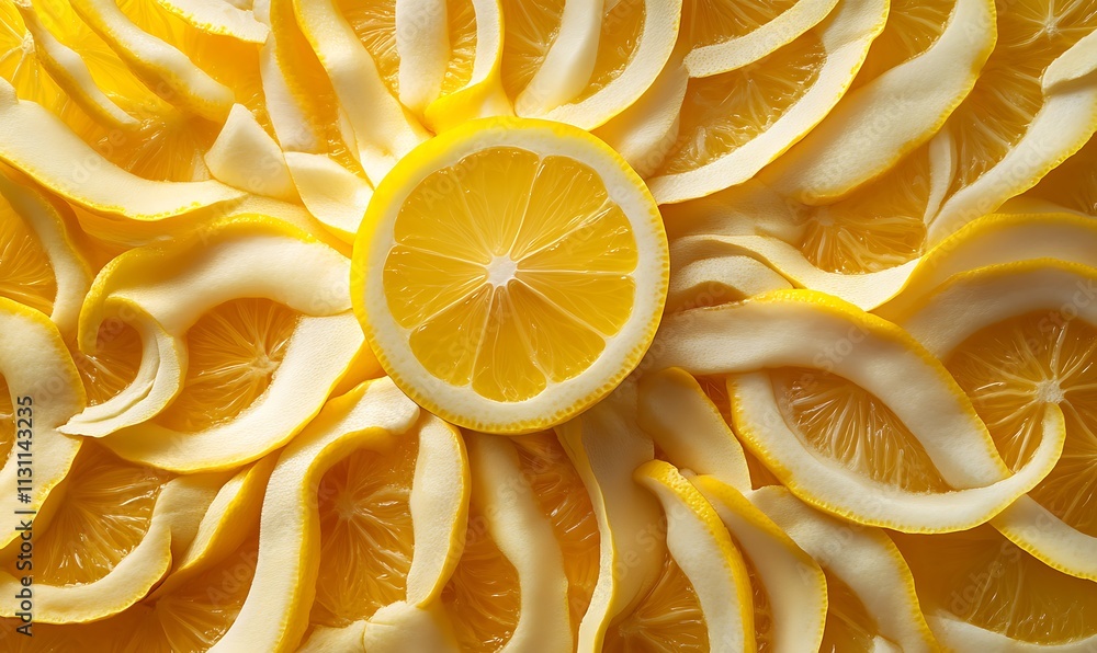 Poster lemon slices and peels arranged in a circular pattern