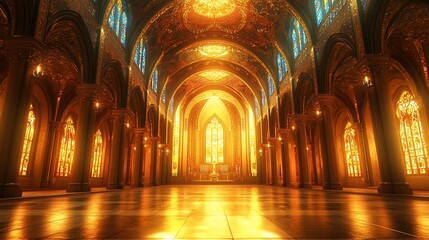 Obraz premium Grand cathedral interior with stained glass windows and golden light.