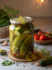 Freshly pickled cucumbers in a glass jar with herbs and spices on a rustic kitchen table. © ZhumaStudio