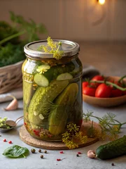 Freshly pickled cucumbers in a glass jar with herbs and spices on a rustic kitchen table. © ZhumaStudio