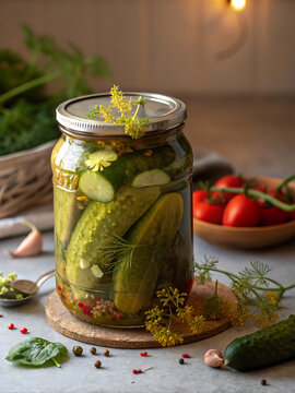Freshly pickled cucumbers in a glass jar with herbs and spices on a rustic kitchen table.