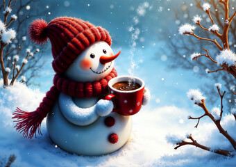 Fototapeta premium Fantasy Winter Snowman in a Red Cozy Knitted Hat and Warm Scarf Sipping Hot Cocoa from Red Winter Mug - Holiday Christmas Wall Digital Print