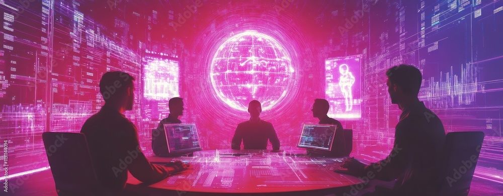 Aufkleber A futuristic meeting with silhouettes around a digital interface and glowing globe.