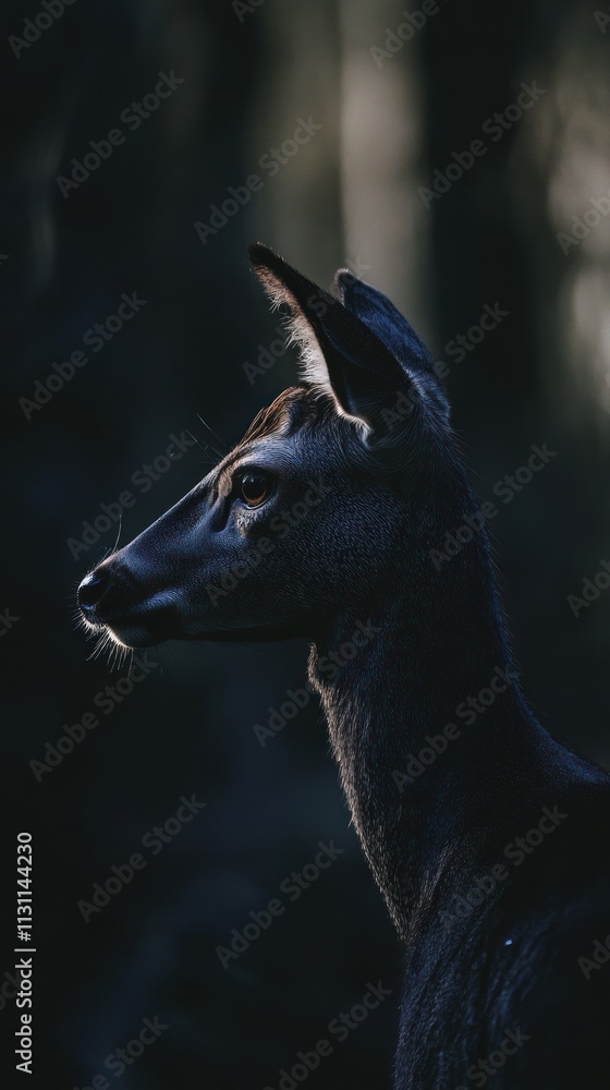 Poster A close-up profile of a deer in a dark forest setting, highlighting its features.