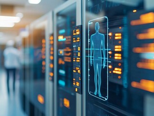 AI healthcare and cybersecurity. Digital representation of a human figure displayed against a background of server technology.