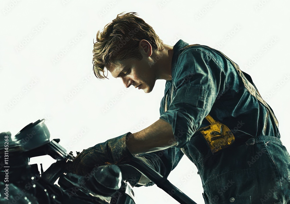 Poster a mechanic working intently on a motorcycle engine, showcasing craftsmanship and dedication.