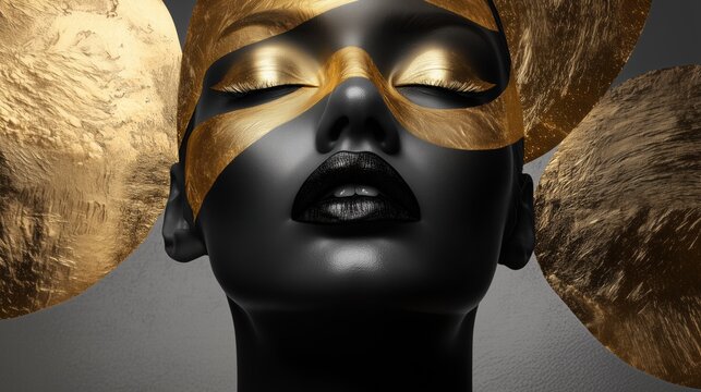 Striking Conceptual Portrait of a Woman with Black Skin and Gold Accents Featuring Bold Makeup and Artistic Metallic Elements.