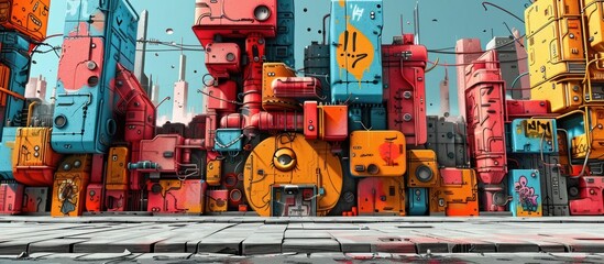Fototapeta premium A captivating and visionary digital artwork depicting a surreal futuristic cityscape composed of vibrant geometric architectural structures and forms in a bold imaginative and experimental style