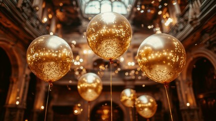 Elegant celebration scene with floating gold balloons and confetti filling the air, ideal for special occasion promotions, milestone achievements, or festive events.