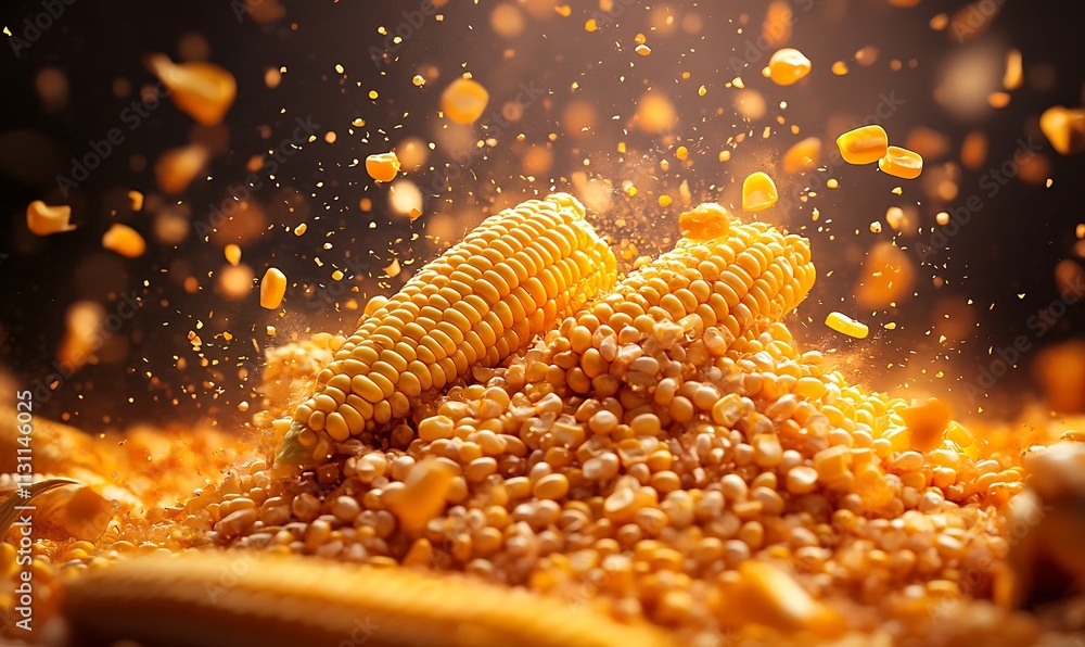 Aufkleber golden corn kernels exploding in motion