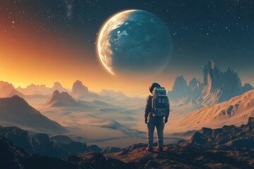 Fototapeta premium Astronaut stands on a rocky cliff edge, gazing at a massive, earth-like planet dominating the sky above a vast, desolate landscape bathed in the warm hues of a setting sun