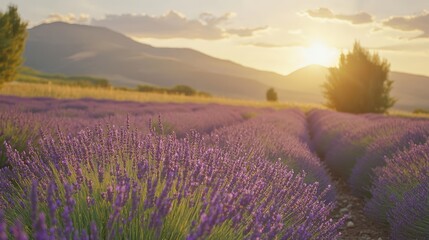 Obraz premium Sunset over rows of purple lavender.