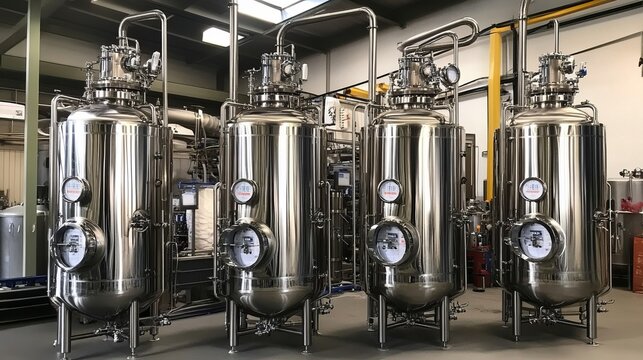 stainless steel bioreactors in an industrial setting, representing advanced biotechnology and industrial fermentation processes