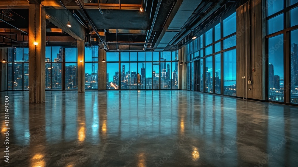 Poster modern empty office space with large windows showcasing a city skyline at dusk.