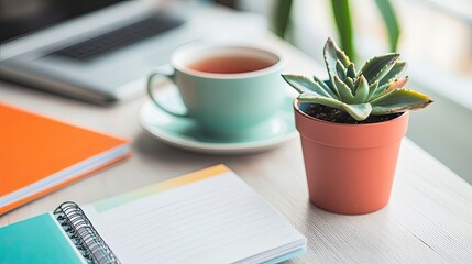 Serene Workspace: Tea, Succulent, and Notebooks