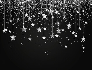 The image features a stunning black background adorned with a cascade of shimmering silver stars. Stars hang gracefully, creating a magical christmas or new year festive atmosphere. 