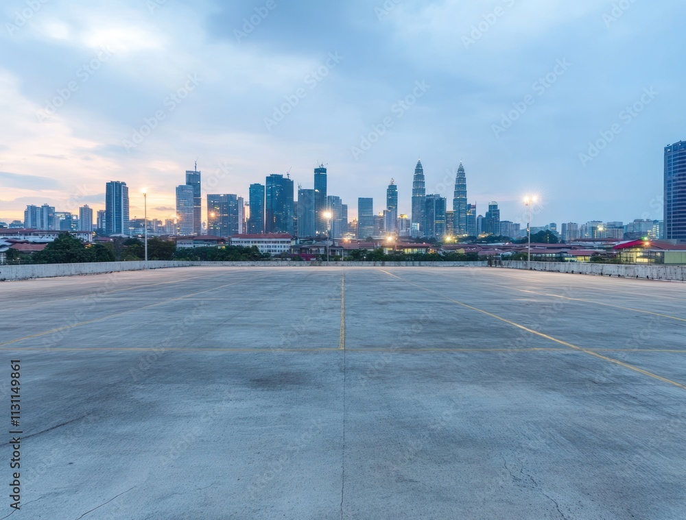 Poster urban skyline view at dusk with an empty parking lot in the foreground.
