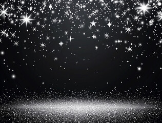 The image features a stunning black background adorned with a cascade of shimmering silver stars. Stars gracefully, creating a magical christmas or new year festive atmosphere. 