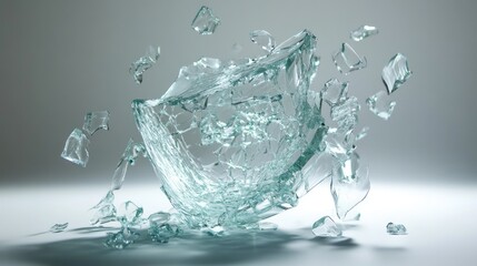 A shattered glass bowl with fragments scattered across a surface.