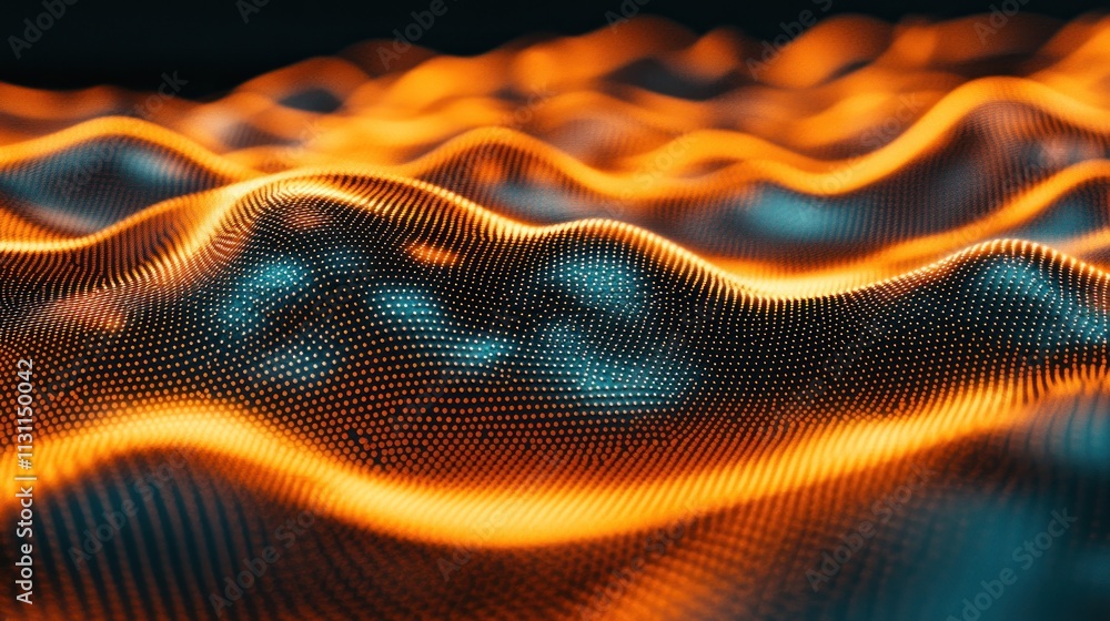 Poster abstract representation of waves with glowing orange and blue patterns.