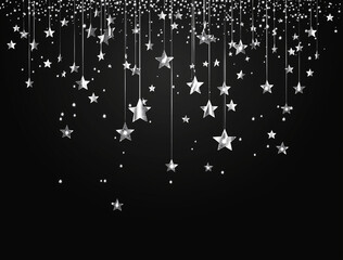 The image features a stunning black background adorned with a cascade of shimmering silver stars. Stars hang gracefully, creating a magical christmas or new year festive atmosphere. 