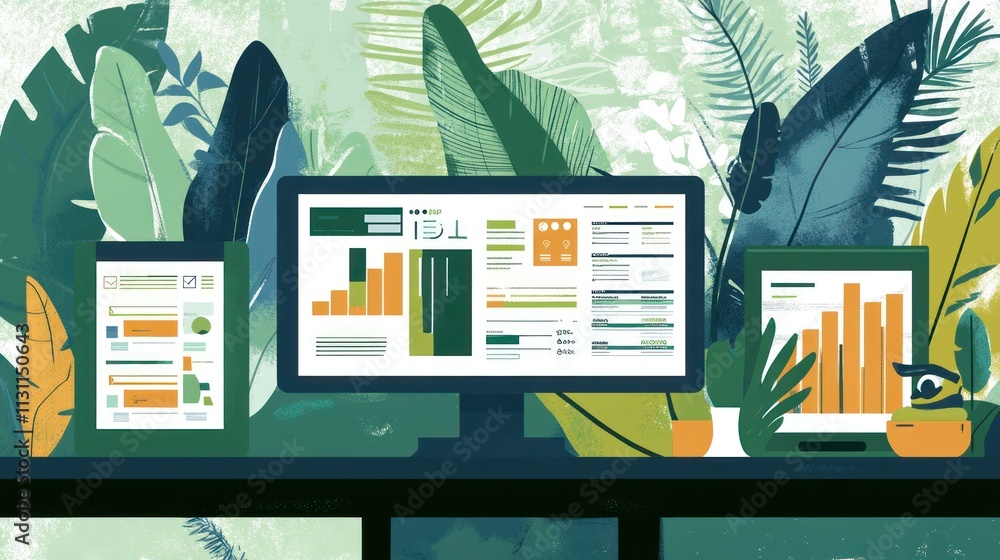Aufkleber digital devices displaying data visualizations amidst lush green plants.