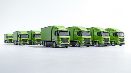 Green technology and eco-friendly logistics. A row of green delivery trucks lined up on a white background.