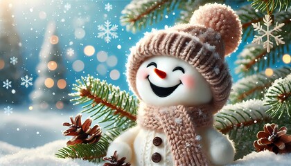 Obraz premium Closeup of cute funny laughing snowman with wool hat and scarf, Christmas snowy winter holiday celebration greeting card banner panorama - pine branch with pine, Created with A.I gnerative .