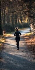 Obraz premium Woman runs on a path in the woods