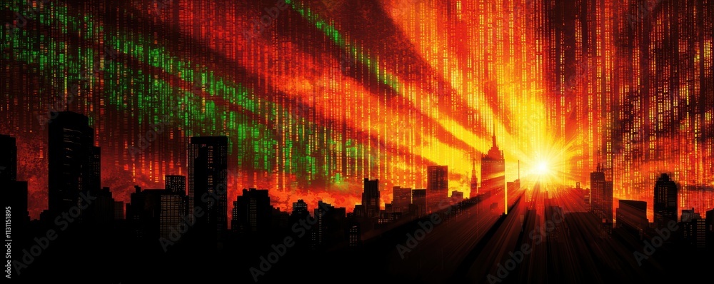 Poster a vibrant sunset over a city skyline, illuminated by rays of light and digital binary patterns, crea
