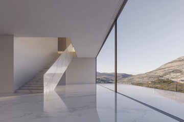 Obraz premium A spacious, modern interior featuring sleek lines, an elegant staircase, and panoramic views of the surrounding landscape through large windows.