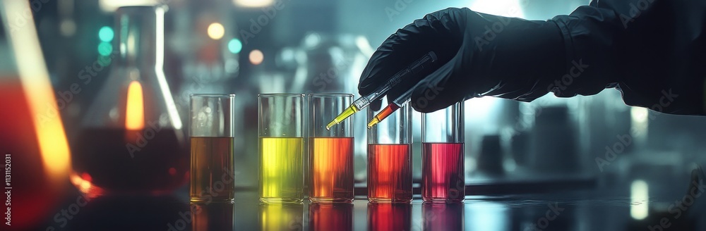 Aufkleber a scientist adds a liquid to colorful test tubes in a laboratory setting.
