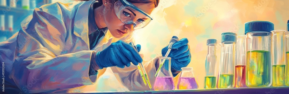 Poster Scientist conducting experiments with colorful liquids in a laboratory setting.